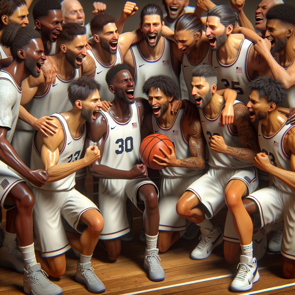Victorious basketball team celebration.