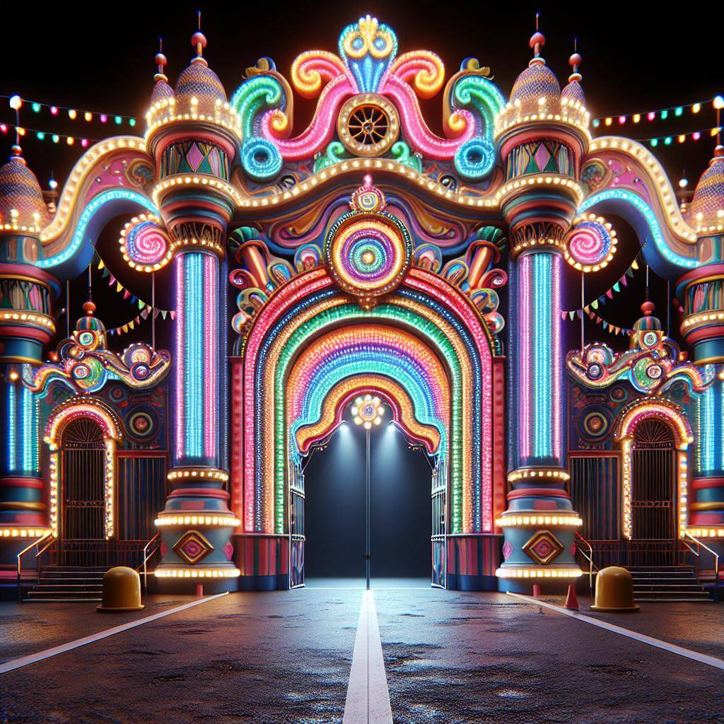Colorful carnival funhouse entrance.