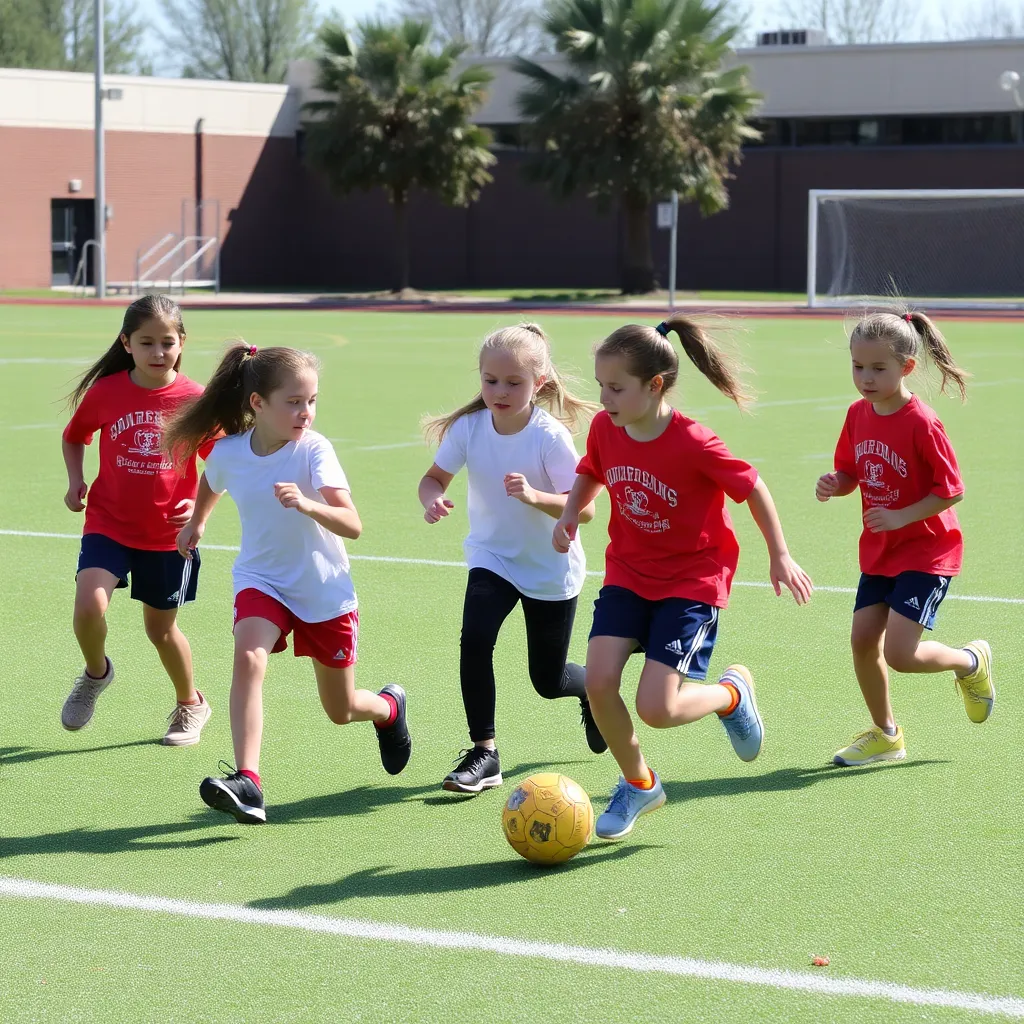 Youth girls playing flag football on a school field.