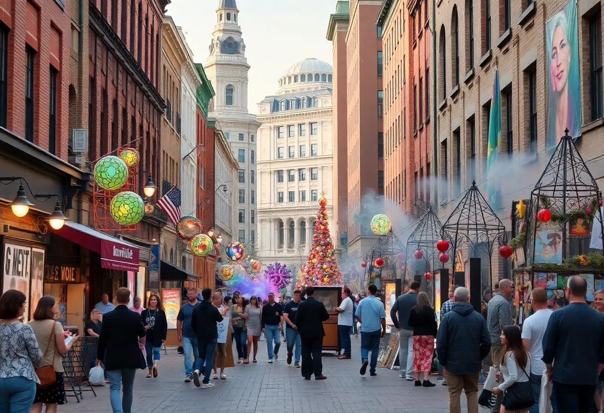 A bustling outdoor arts scene in Knoxville, showcasing community performances and installations.