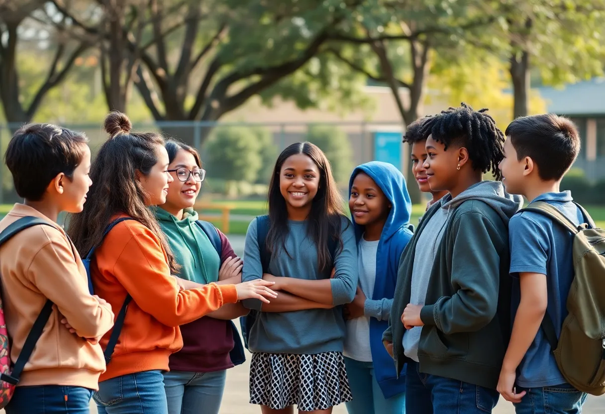 Students united in conversation on playground for safety