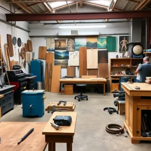 Community workshop in Knoxville with local artisans and various tools for creativity.