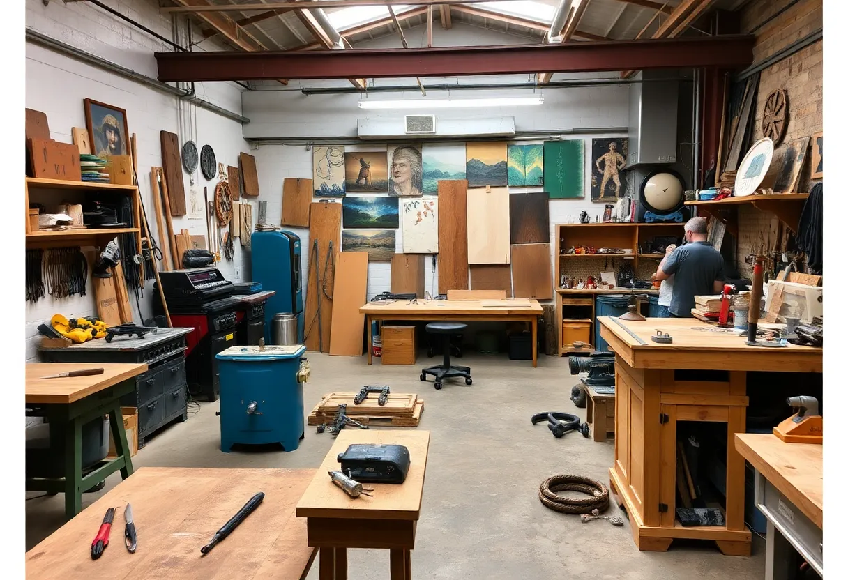 Community workshop in Knoxville with local artisans and various tools for creativity.