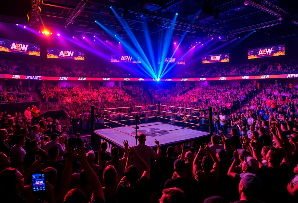Wrestling fans cheering at AEW Dynamite event in Knoxville Civic Auditorium