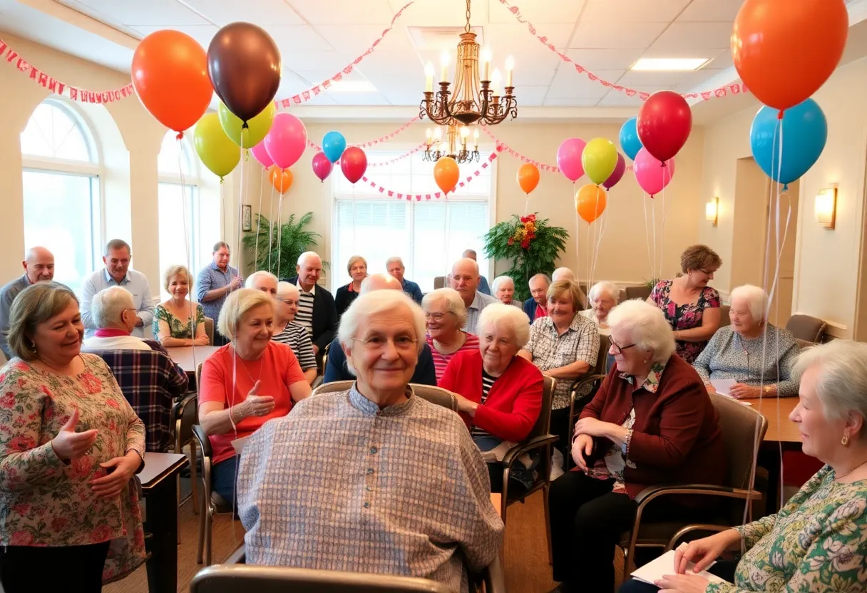 Community gathering celebrating the 100th birthdays of elderly residents