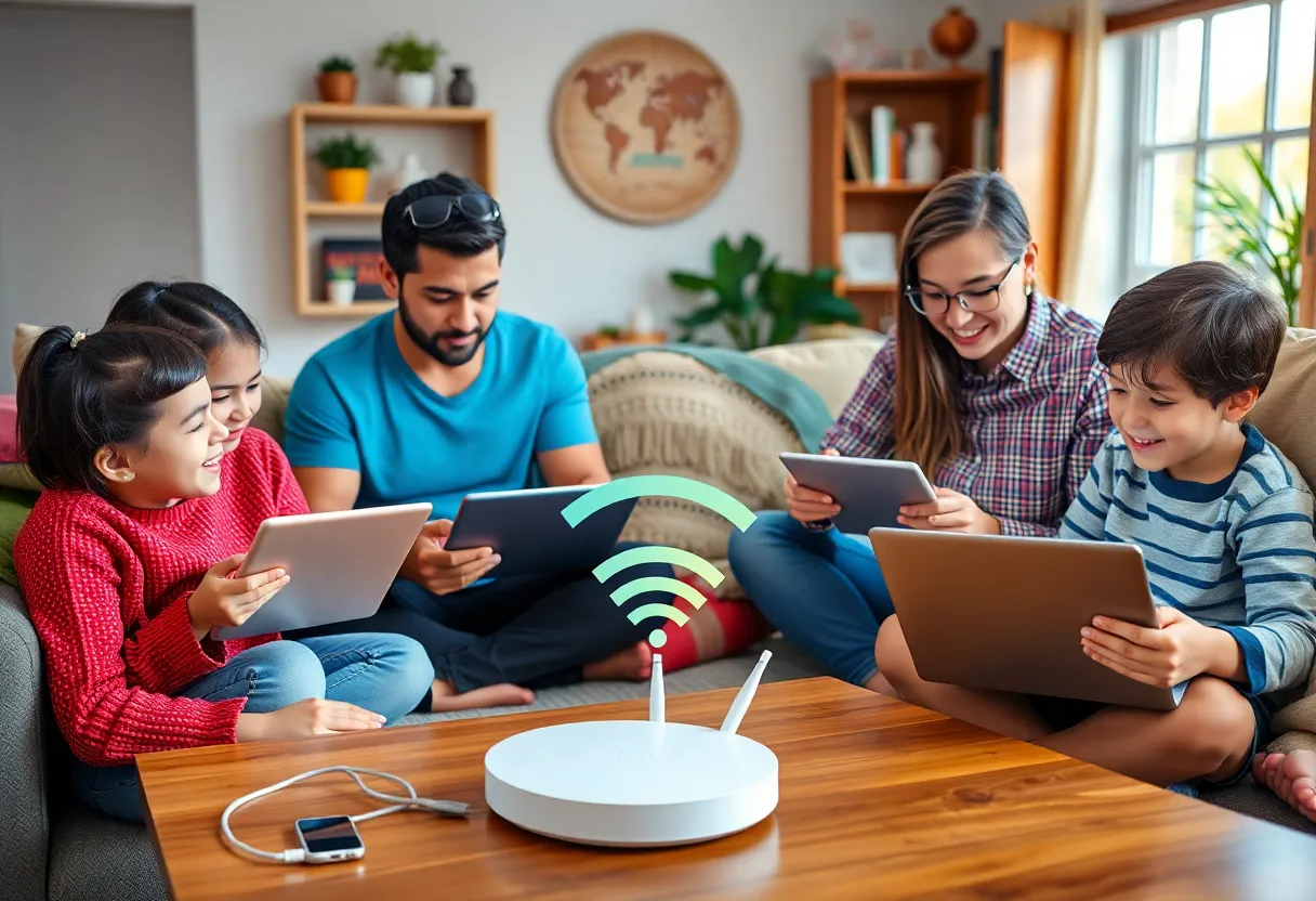A family in a modern home utilizing high-speed internet