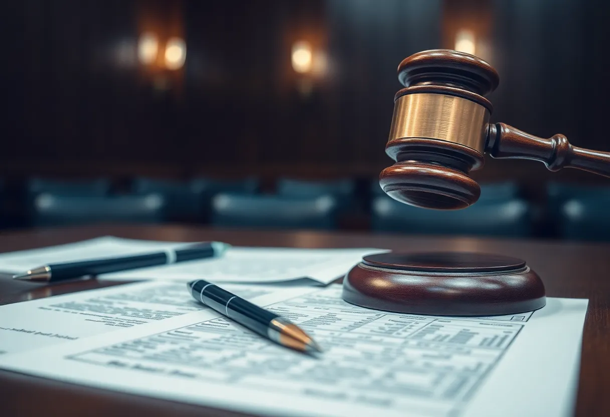 A courtroom with a gavel and legal documents representing a crime case