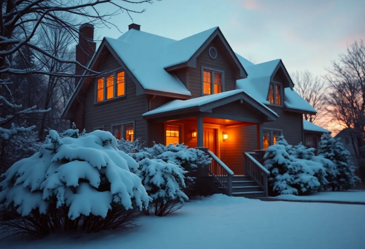 A warm and inviting home in Knoxville during winter with snow on the ground.