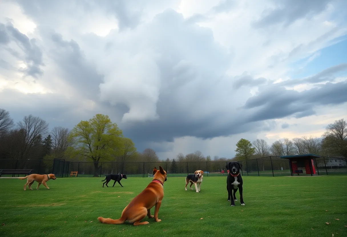 A park scene with dogs playing, emphasizing the joy and potential hidden dangers nearby.