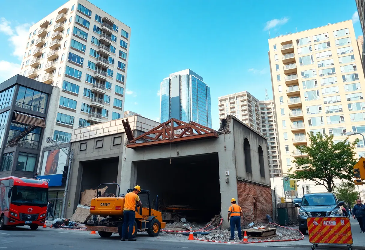 Construction scene in Downtown Knoxville with workers and heavy machinery