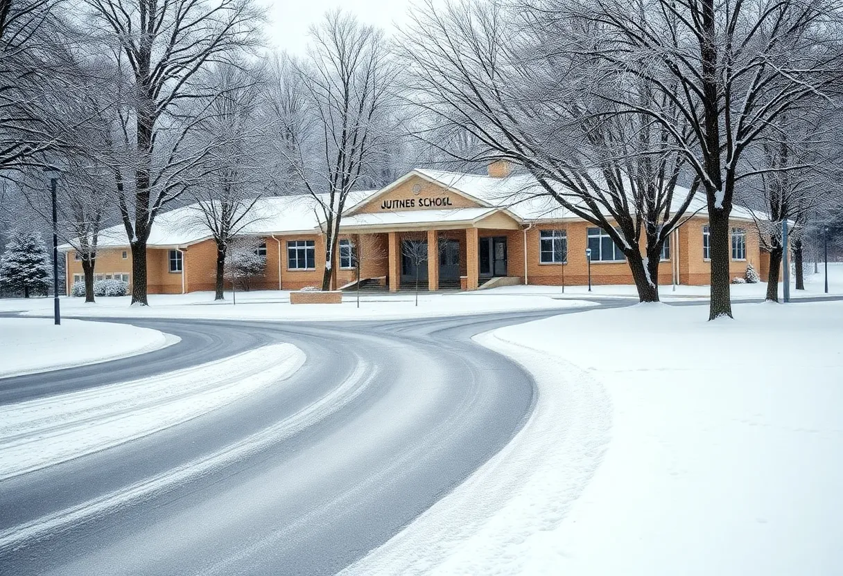 Snow-covered school building in East Tennessee during winter storms.