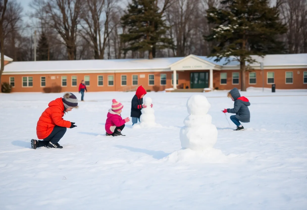 Snow-covered East Tennessee school with children playing outside