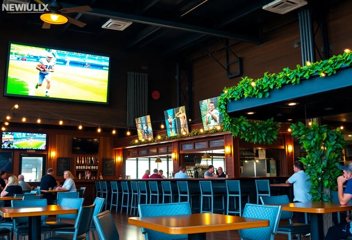 Interior of Fieldhouse Social showing the large screen and lively environment