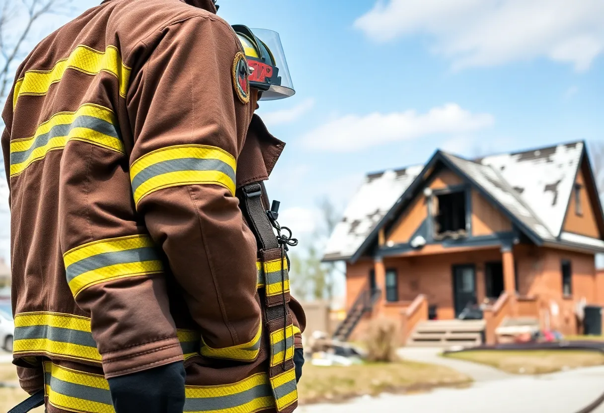 Firefighter uniform next to a burned house to promote safety awareness