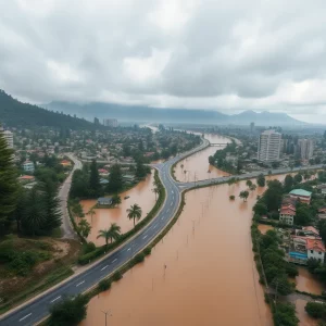 Aerial view of Asheville flooded from Storm Helene