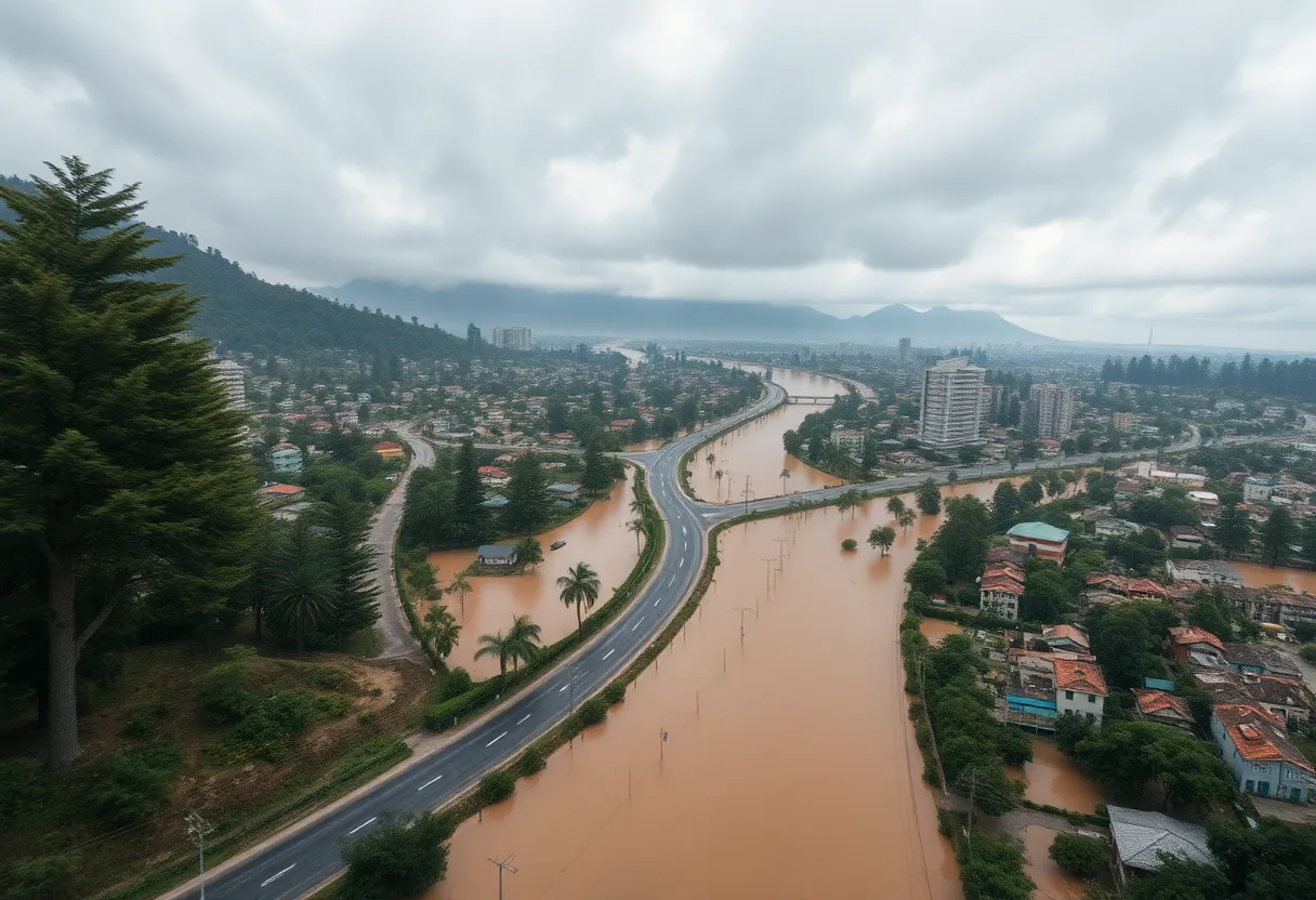 Aerial view of Asheville flooded from Storm Helene