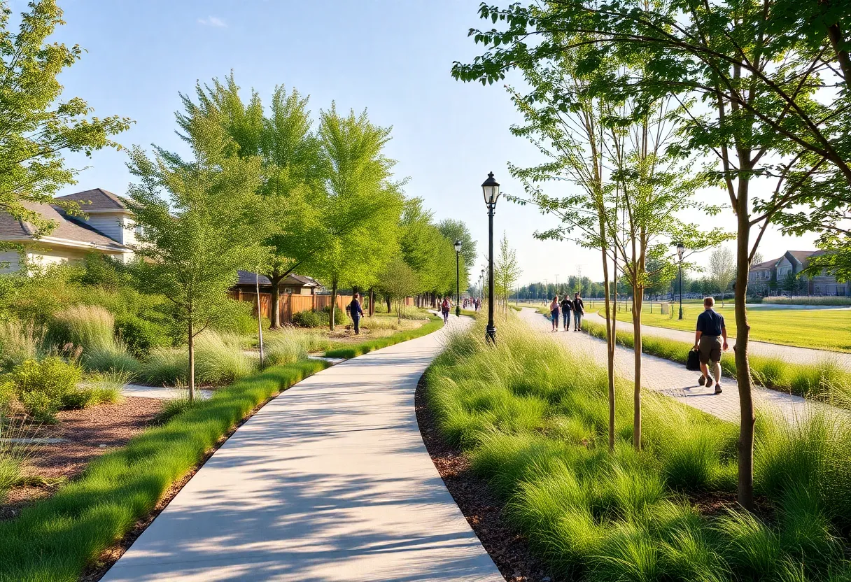 Render of a picturesque greenway trail in Knoxville featuring art installations