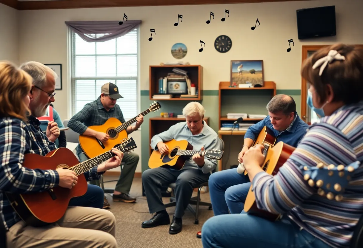 Group of veterans participating in Guitars 4 Vets music therapy program.