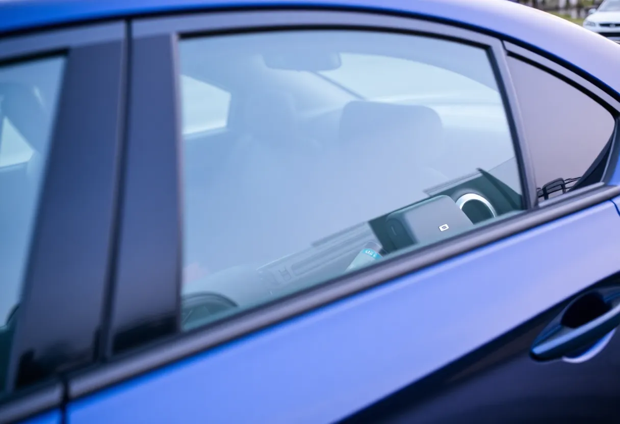 Interior of a parked car showing unsecured belongings