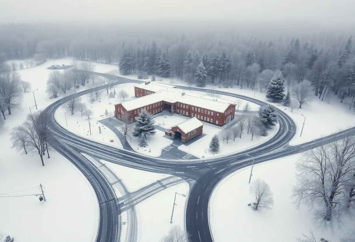 Snow-covered school with icy roads in winter
