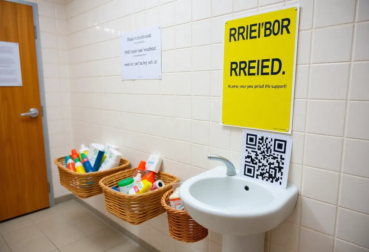Baskets of free period products in a school bathroom