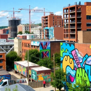 Vibrant urban landscape of Knoxville showcasing development projects and colorful street murals.