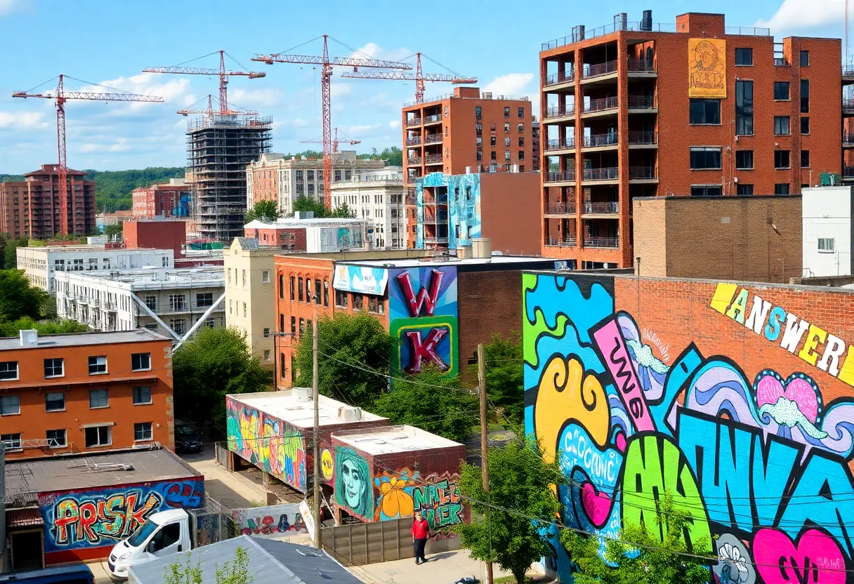 Vibrant urban landscape of Knoxville showcasing development projects and colorful street murals.