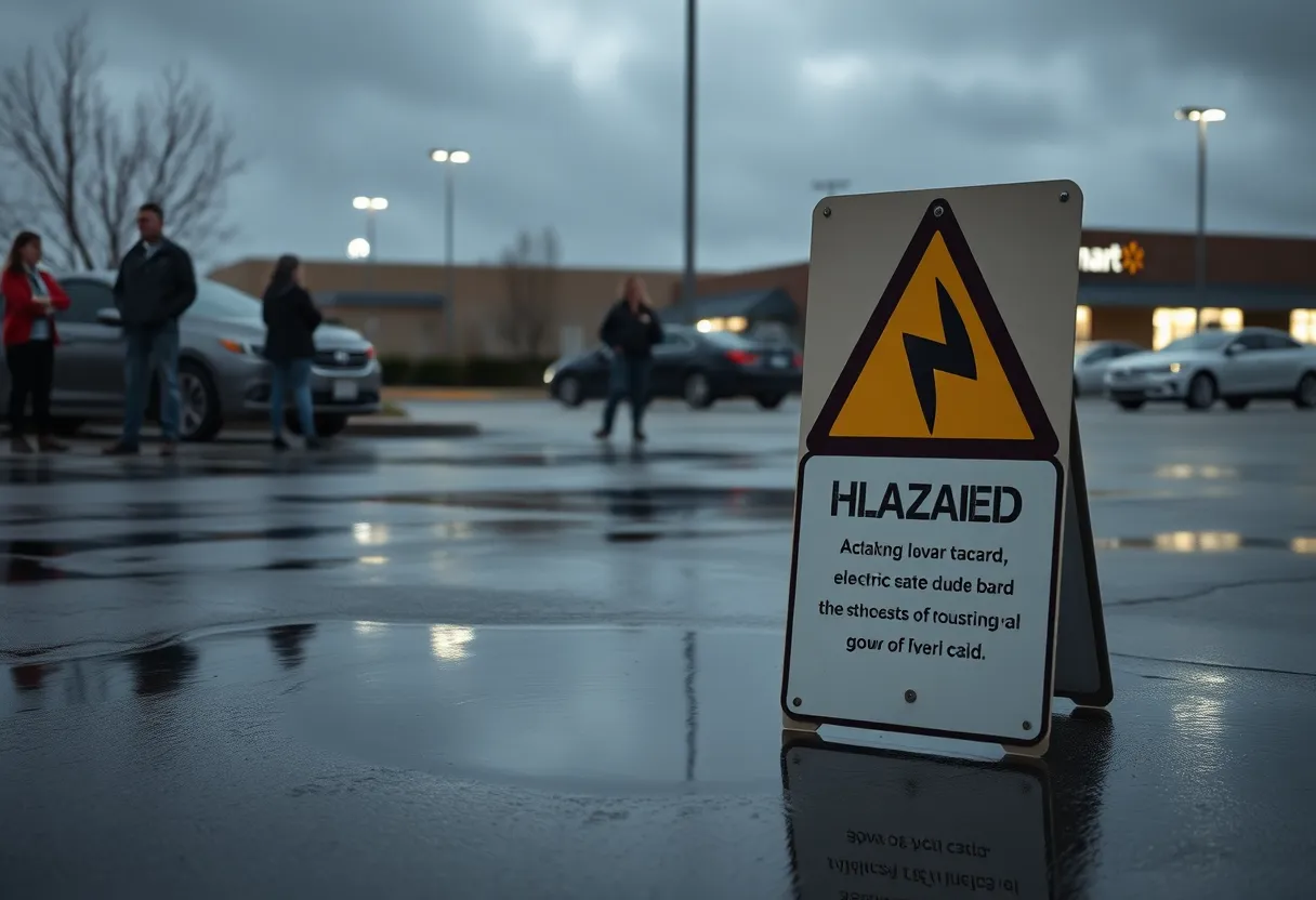 Warning sign near puddle in Knoxville parking lot