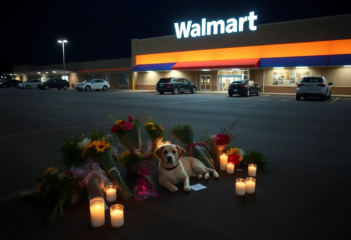 Memorial setup for a dog in Walmart parking lot in Knoxville, Tennessee.