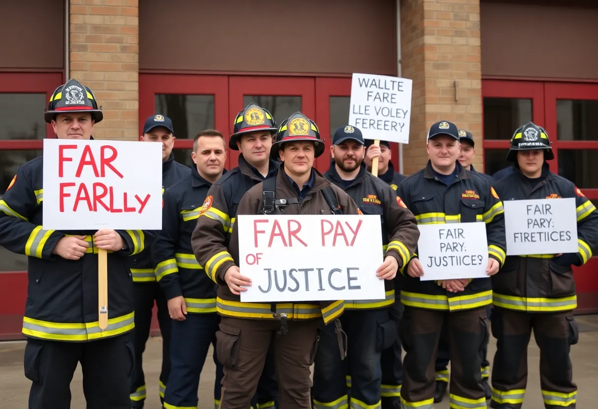 Knoxville firefighters holding signs for fair pay