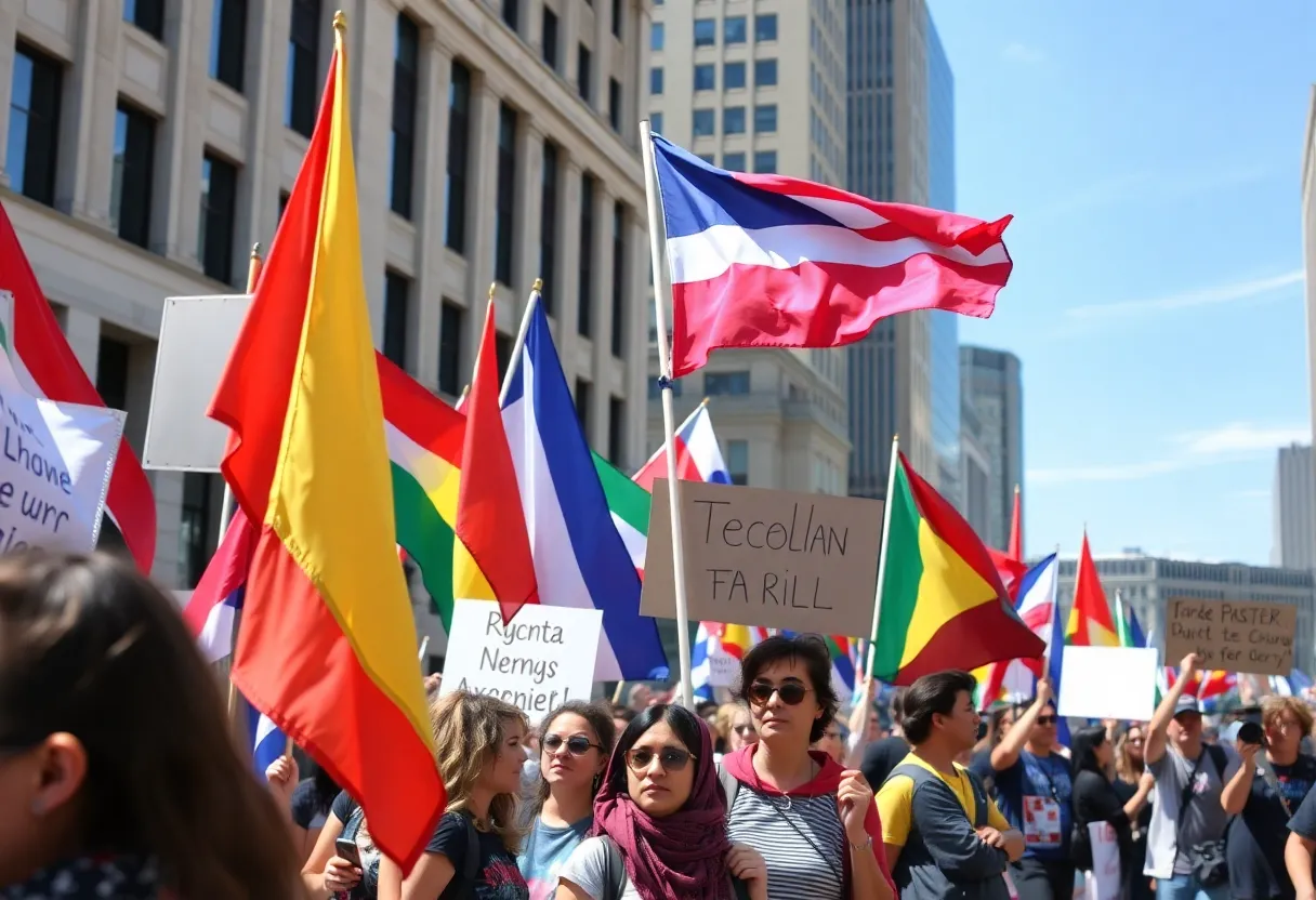 Protesters in Knoxville marching against immigration policies with flags and banners