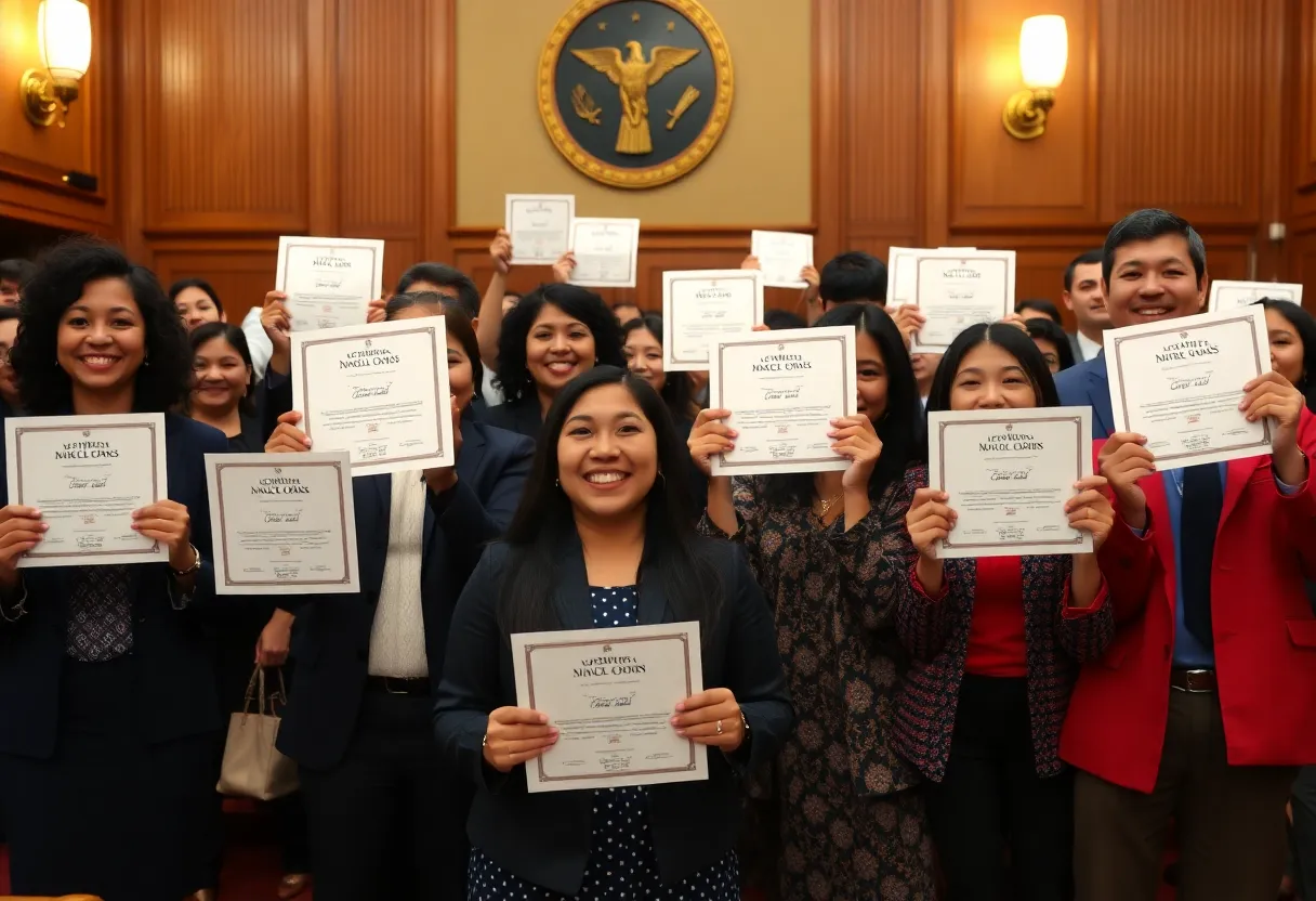 New citizens of Knoxville celebrating during naturalization ceremony.