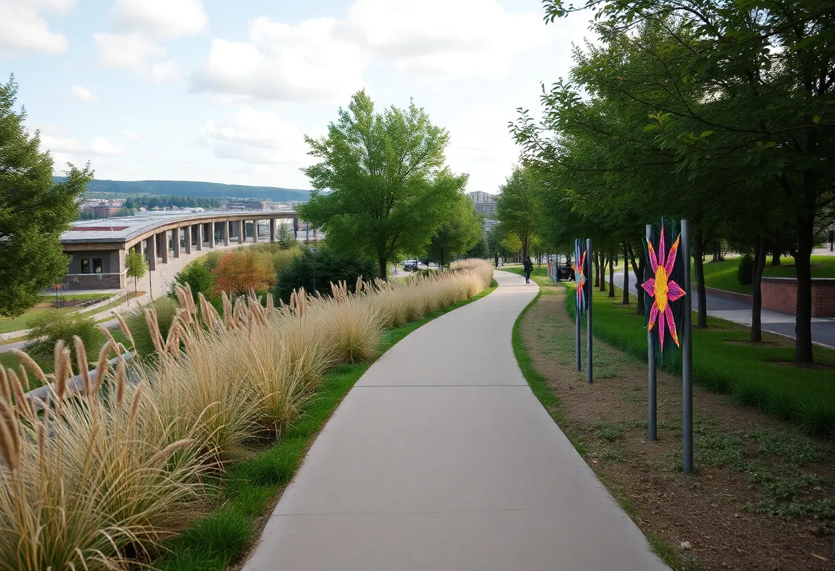A scenic view of the Knoxville Greenway Trail with art installations.