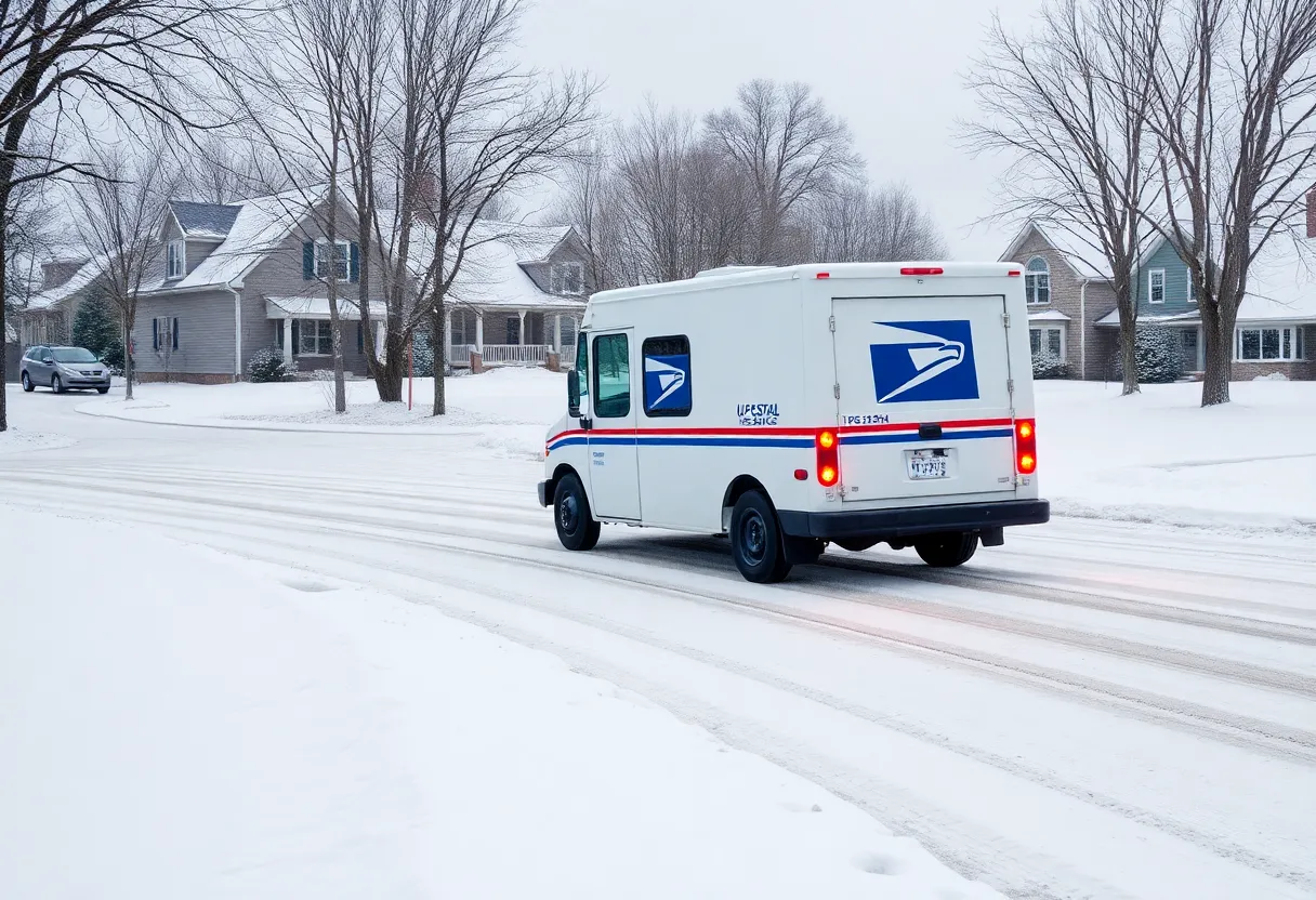 U.S. Postal Service delivery truck in snowy Knoxville
