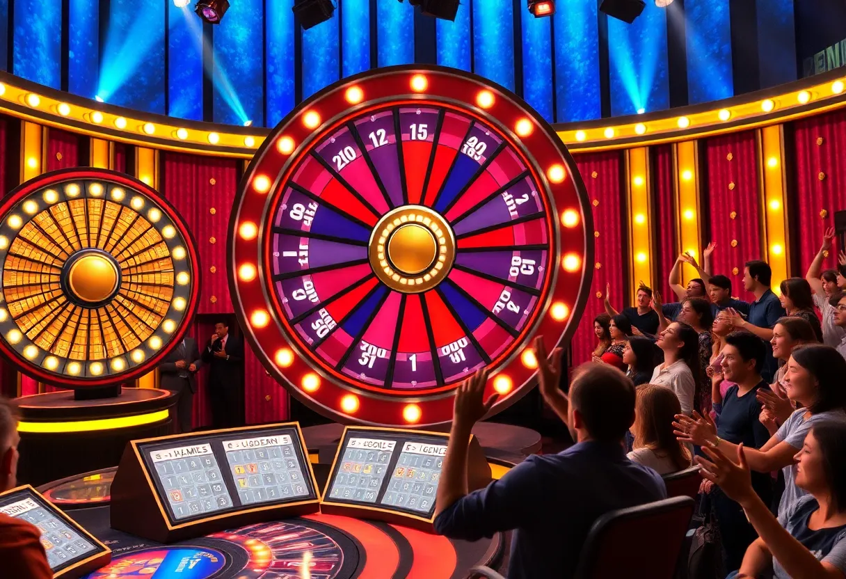 A game show setup with a spinning wheel and enthusiastic audience.