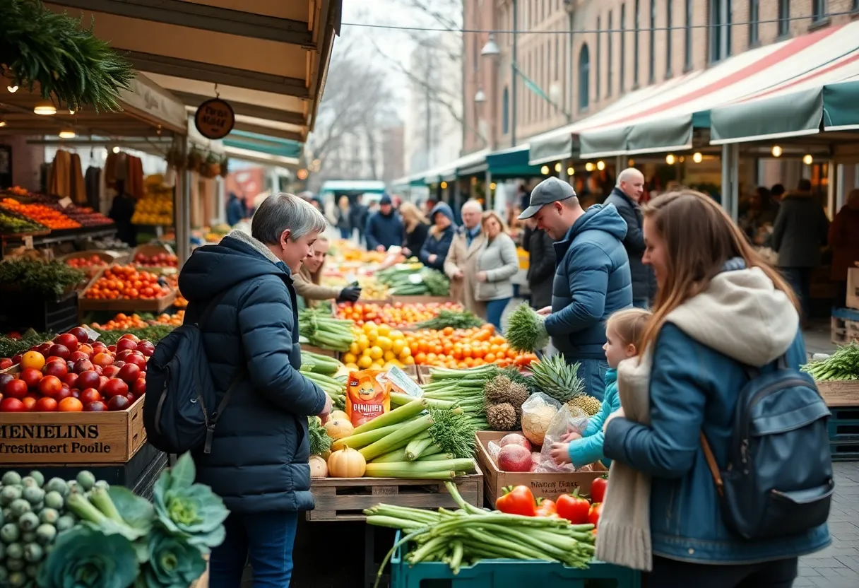 Families enjoying the Knoxville Winter Farmers Market with local produce and goods.