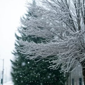 Winter landscape in Knoxville, TN during a polar vortex with snowfall.
