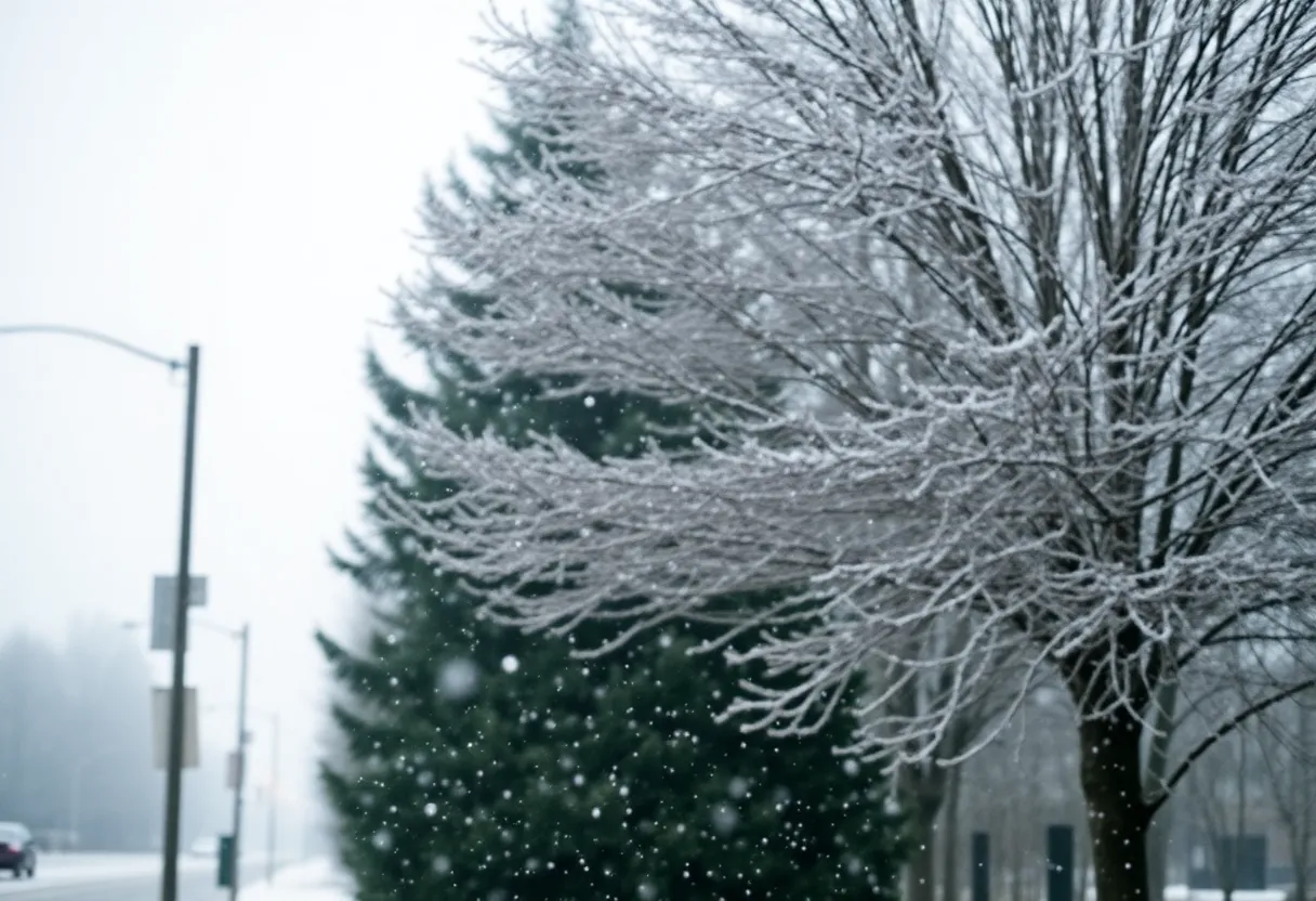 Winter landscape in Knoxville, TN during a polar vortex with snowfall.