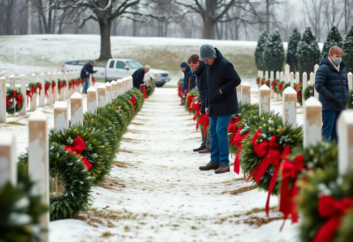 Volunteers participating in the wreath pickup event in Knoxville during winter.