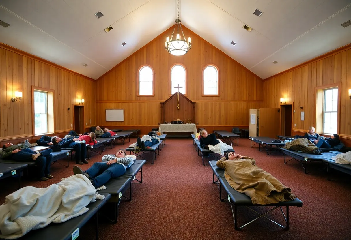Interior of a warming center in Knoxville with cots and community members seeking shelter.