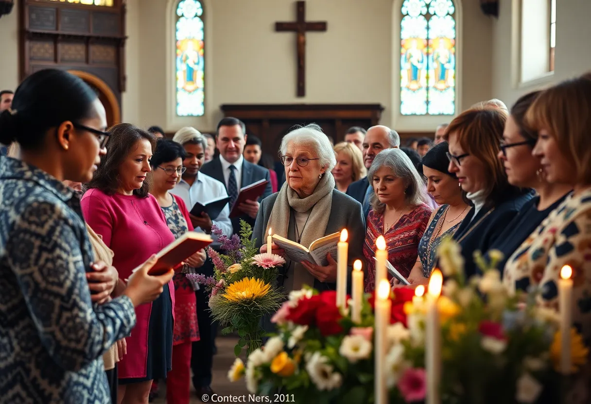 Community members gathered for a memorial service honoring Nikki Giovanni with candles and flowers.