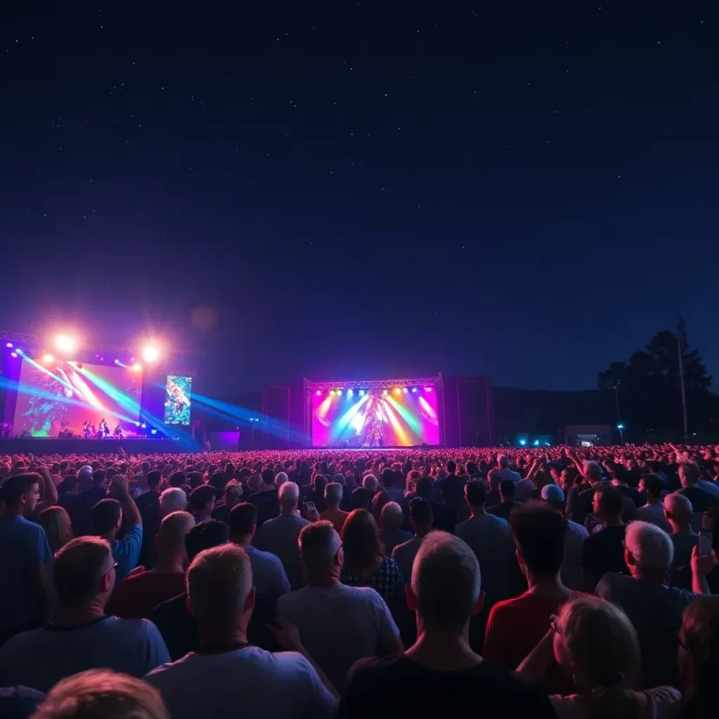 Crowd enjoying an outdoor concert with bright lights and stage performance