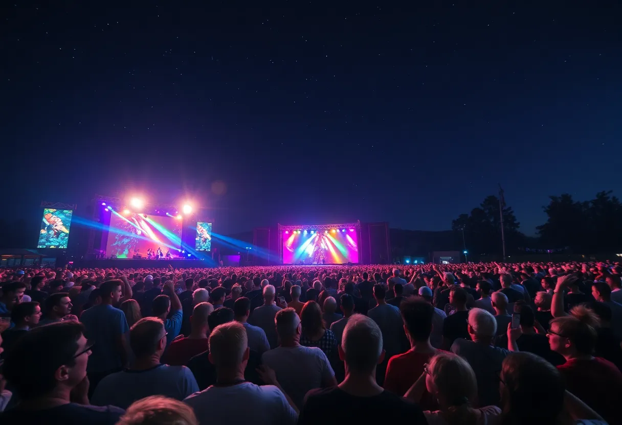 Crowd enjoying an outdoor concert with bright lights and stage performance
