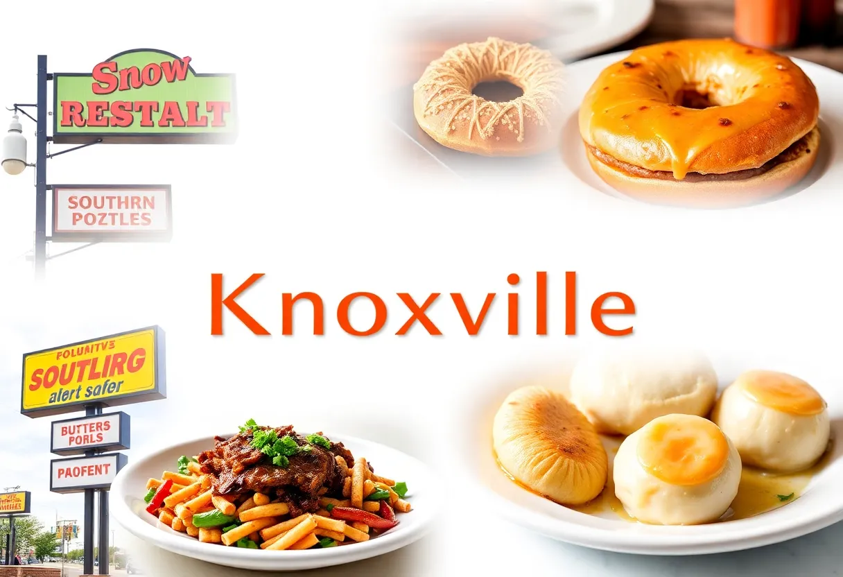 A vibrant assortment of dishes and restaurant signs representing Knoxville's new dining scene.