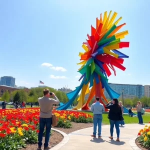 Colorful Pier 865 sculpture in Knoxville with city backdrop
