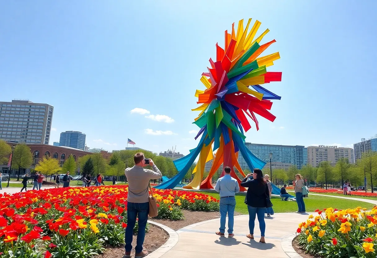 Colorful Pier 865 sculpture in Knoxville with city backdrop