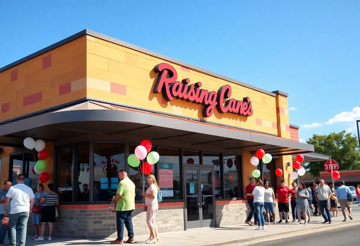 Exterior view of Raising Cane's with a celebration atmosphere