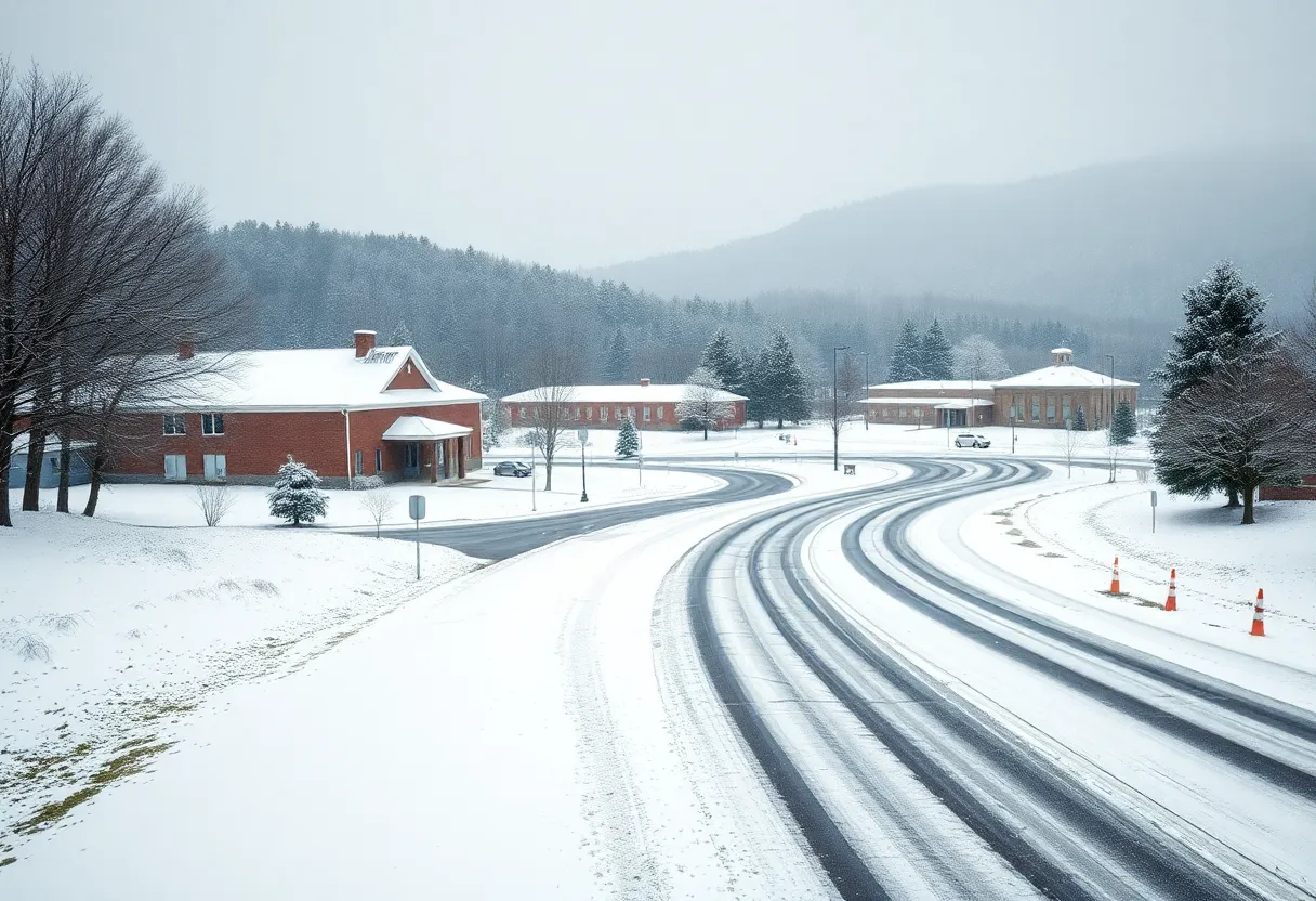 A snowy scene of East Tennessee schools covered in white snow