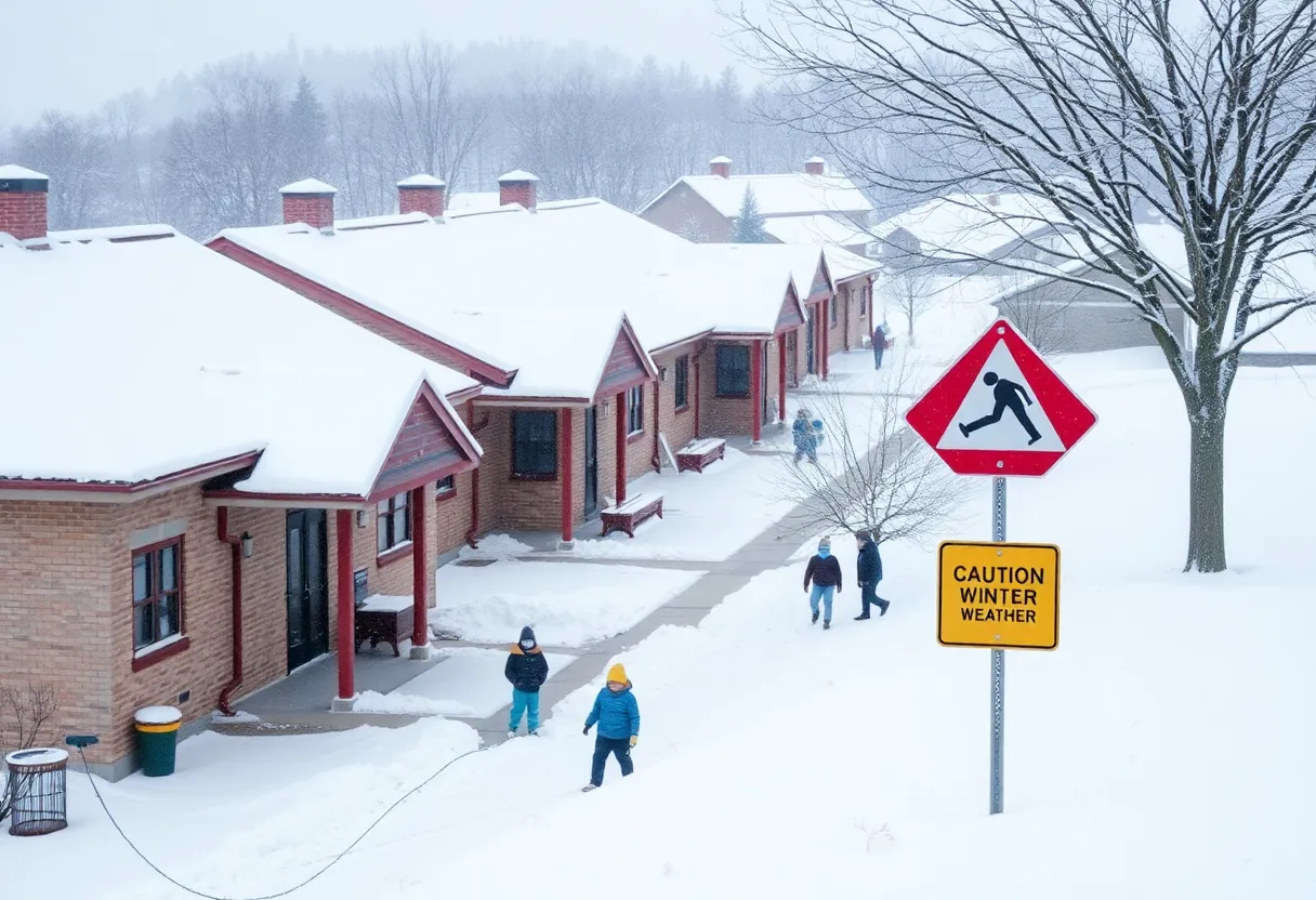 Snow covered school building with children playing outside