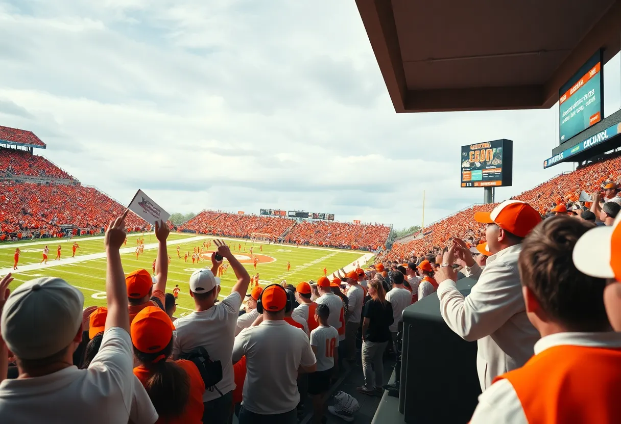 Vibrant atmosphere at a Tennessee college football game with fans cheering.